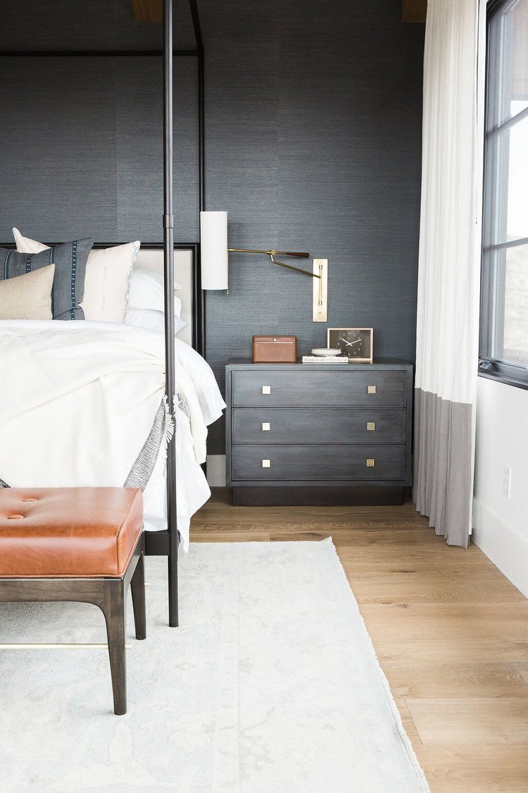 29Master+bedroom+in+blue+grasscloth+wallpaper+statement+chandelier+and+leather+bench